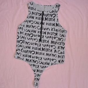 Calvin Klein Gray/Black Zipper Logo Print Sleeveless Bodysuit SZ L
